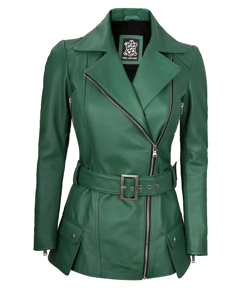 Women's Asymmetrical Green Belted Leather Jacket