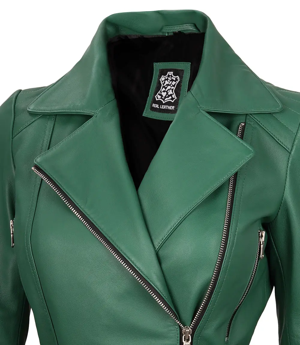 Women's Asymmetrical Green Belted Leather Jacket