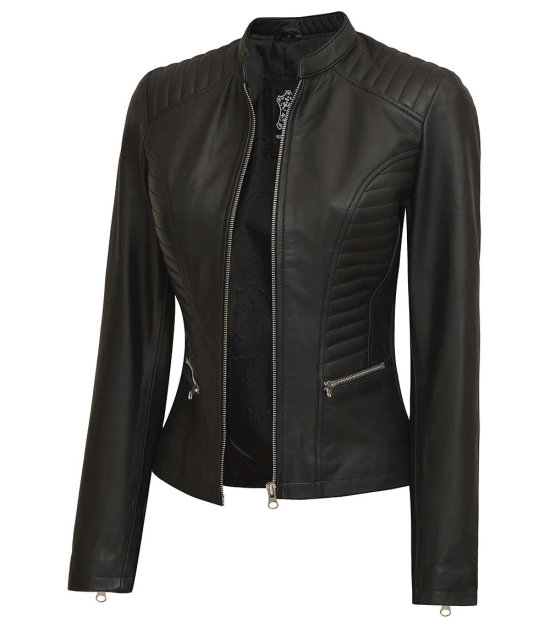 Women's Black Slim Fit Cafe Racer Real Leather Jacket