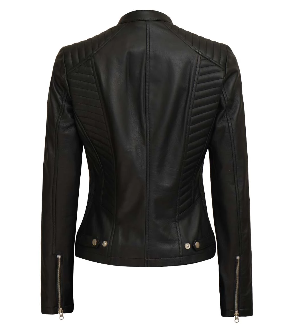 Women's Black Slim Fit Cafe Racer Real Leather Jacket