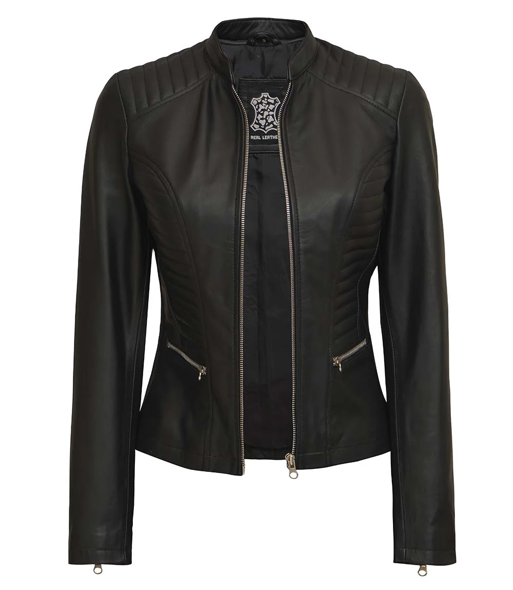 Women's Black Slim Fit Cafe Racer Real Leather Jacket