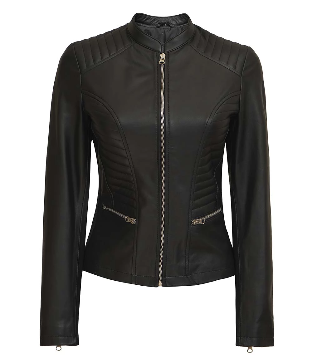 Women's Black Slim Fit Cafe Racer Real Leather Jacket