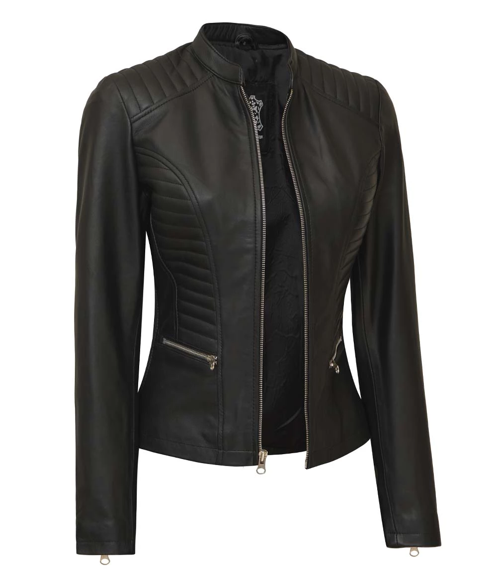 Women's Black Slim Fit Cafe Racer Real Leather Jacket