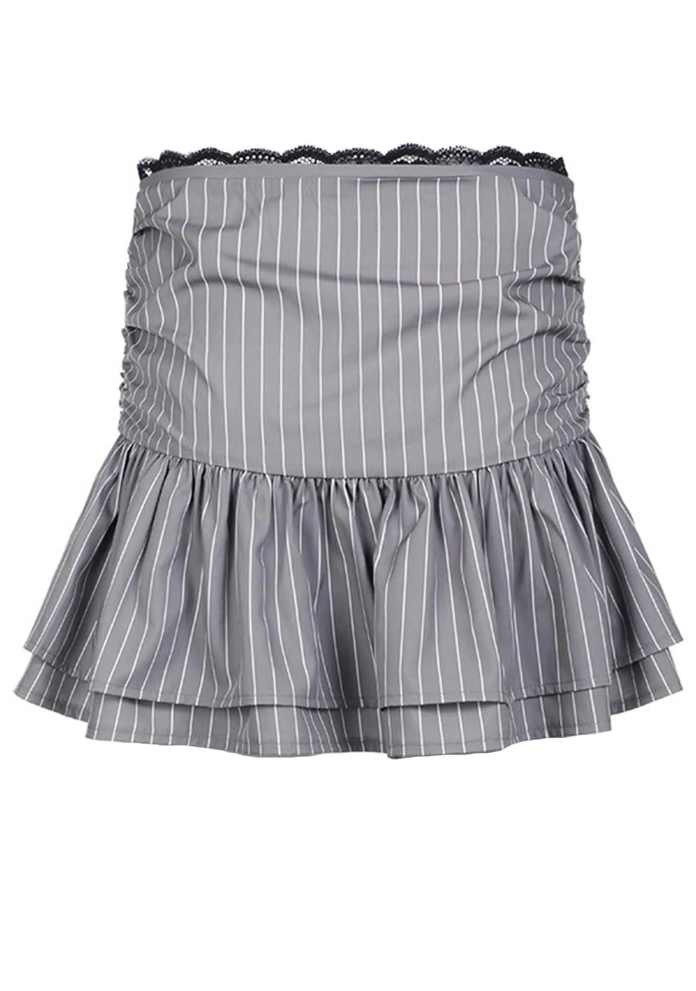 Y2K Gray Striped Lace Splicing Drawstring Pleated Skirt Cherrykitten